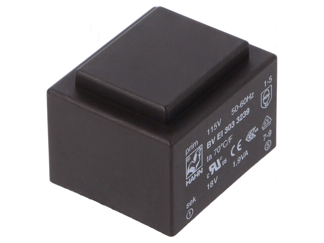 Transformator: ingegoten; 1,9VA; 115VAC; 18V; 105mA; PCB; BVEI Transformator: ingegoten; 1,9VA; 115VAC; 18V; 105mA; PCB; BVEI
